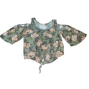 TRUE CRAFT Women's Size Medium Green Floral Cold-Shoulder Tie Front Crop Blouse